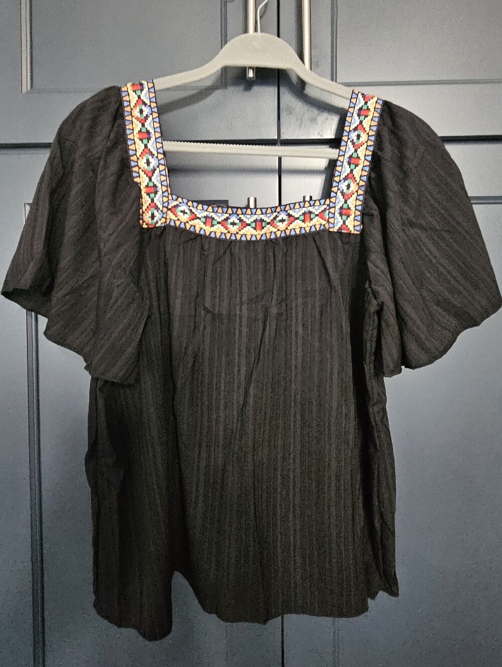 Embroidered Ribbon Trim Festival Folk Art Black Flowy Blouse Top Size M New